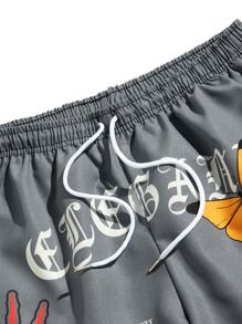 ROMWE MEN Street Life 男士骷髅与蝴蝶印花抽绳腰短裤，学校 - 灰色 - 查看 3