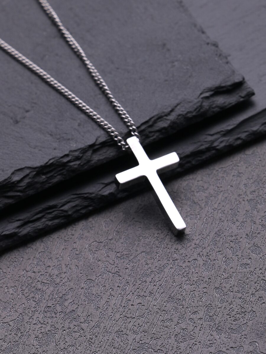 Men Cross Charm Necklace - Silver - View 1
