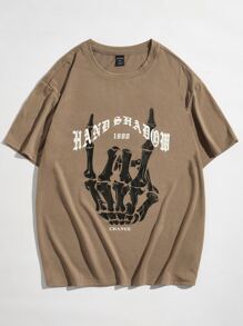 ROMWE MEN Hombres Camiseta esqueleto con estampado de mano y letra - Marrón - Ver 1