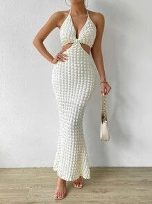 Chiquease Đầm Lộ Lưng Cắt ra Buộc lại màu trơn Gợi cảm - Màu be - Xem 3