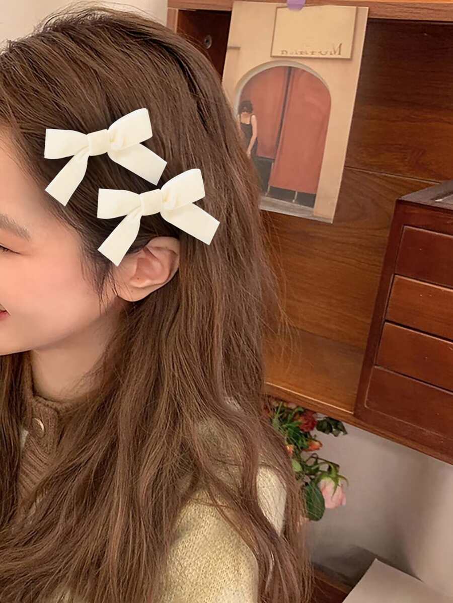 Kẹp tóc cá sấu trang trí nơ 2 chiếc dễ thương - Màu be - Xem 1