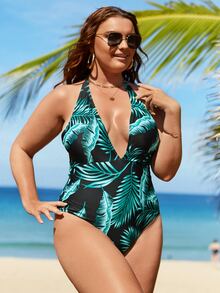 SHEIN Swim Curve Cộng với kích thước một mảnh Lộ Lưng Thắt nút Buộc lại Nhiệt đới Tất cả trên in - Nhiều màu - Xem 4
