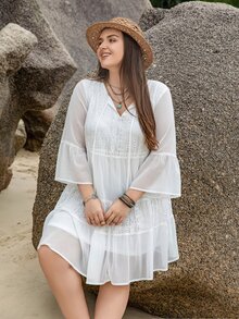 Rusttydustty Plus Contrast Lace Flounce Sleeve Ruffle Hem Smock Dress - White - View 5