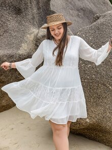 Rusttydustty Plus Contrast Lace Flounce Sleeve Ruffle Hem Smock Dress - White - View 6