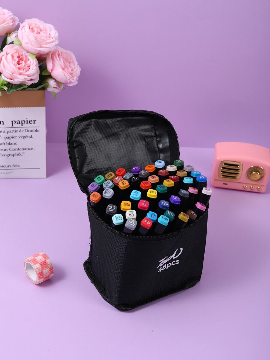 48入組雙頭設計彩色畫筆,適用於學生、兒童、卡通設計、辦公室和學習用品 - 彩色 - 查看 1