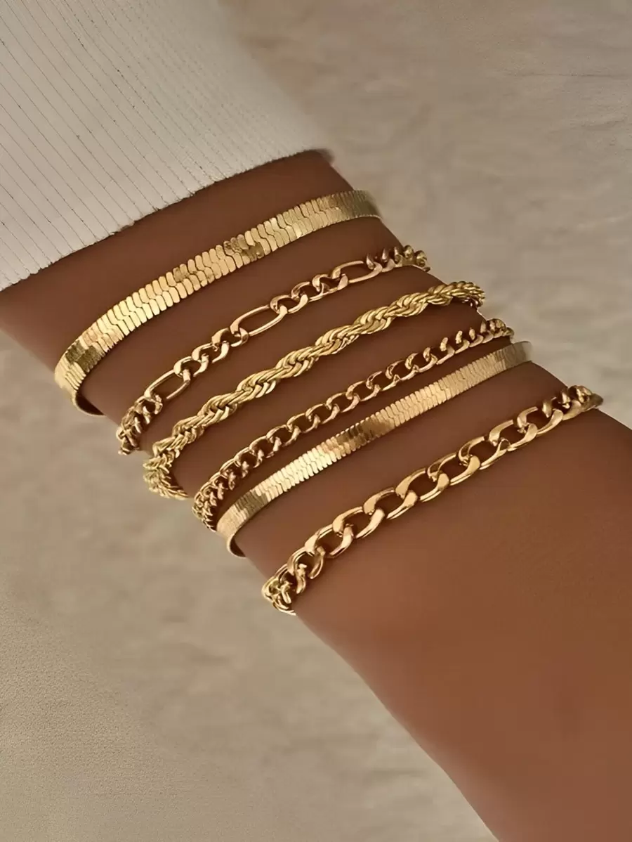 6pcs Set Minimalist Fashion Metal Snake Chain & Braided Chain Bracelet Set For Women (Avoid Contact With Water) - Yellow Gold - View 1