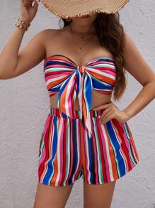 SHEIN VCAY 大碼條紋印花前打結抹胸上衣和短褲 - 彩色 - 查看 1