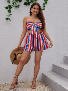 SHEIN VCAY 大碼條紋印花前打結抹胸上衣和短褲 - 彩色 - 查看 4