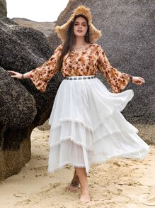 Rusttydustty Plus Layer Hem Mesh Overlay Skirt Without Belt - White - View 1