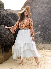 Rusttydustty Plus Layer Hem Mesh Overlay Skirt Without Belt - White - View 4
