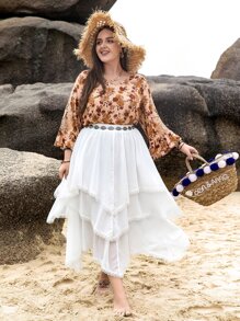 Rusttydustty Plus Layer Hem Mesh Overlay Skirt Without Belt - White - View 6