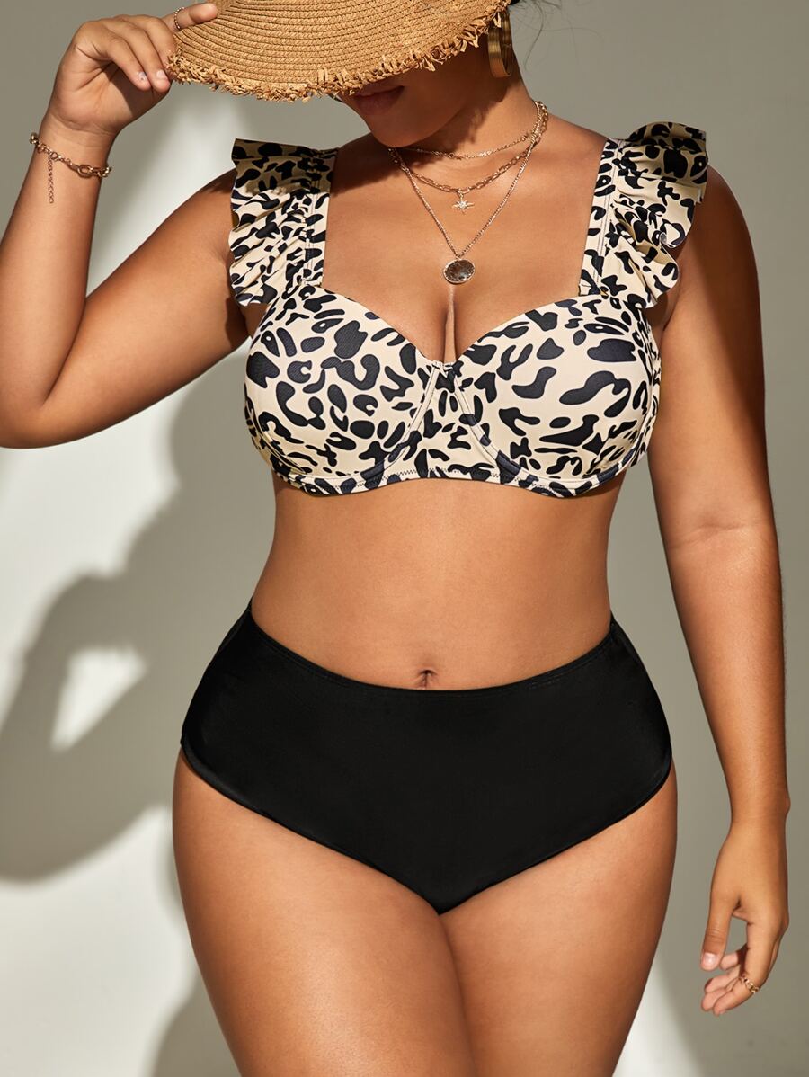 SHEIN Swim Curve Summer Beach Plus Size Leopard Print Ruffle Trim Push Up Bikini Set - Multicolor - View 1