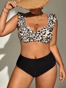 SHEIN Swim Curve Summer Beach Plus Size Leopard Print Ruffle Trim Push Up Bikini Set - Multicolor - View 6