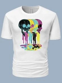 男士骷髅印花落肩T恤，万圣节适用 - 白色 - 查看 5