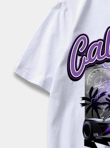 ROMWE MEN Street Life Men Car And Letter Graphic Tee, School - White - View 4