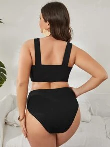 SHEIN Swim Curve Plus Size Solid High Waisted Bikini Set Summer Beach - Black - View 2