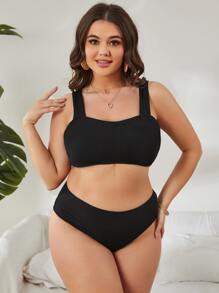 SHEIN Swim Curve Plus Size Solid High Waisted Bikini Set Summer Beach - Black - View 3