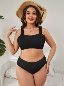 SHEIN Swim Curve Plus Size Solid High Waisted Bikini Set Summer Beach - Black - View 5