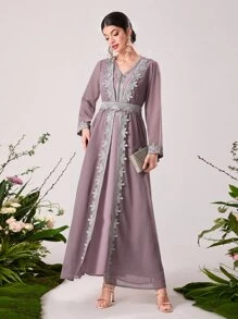 Al Najma Floral Applique Belted Modest Robe Abaya Set - Dusty Purple - View 1