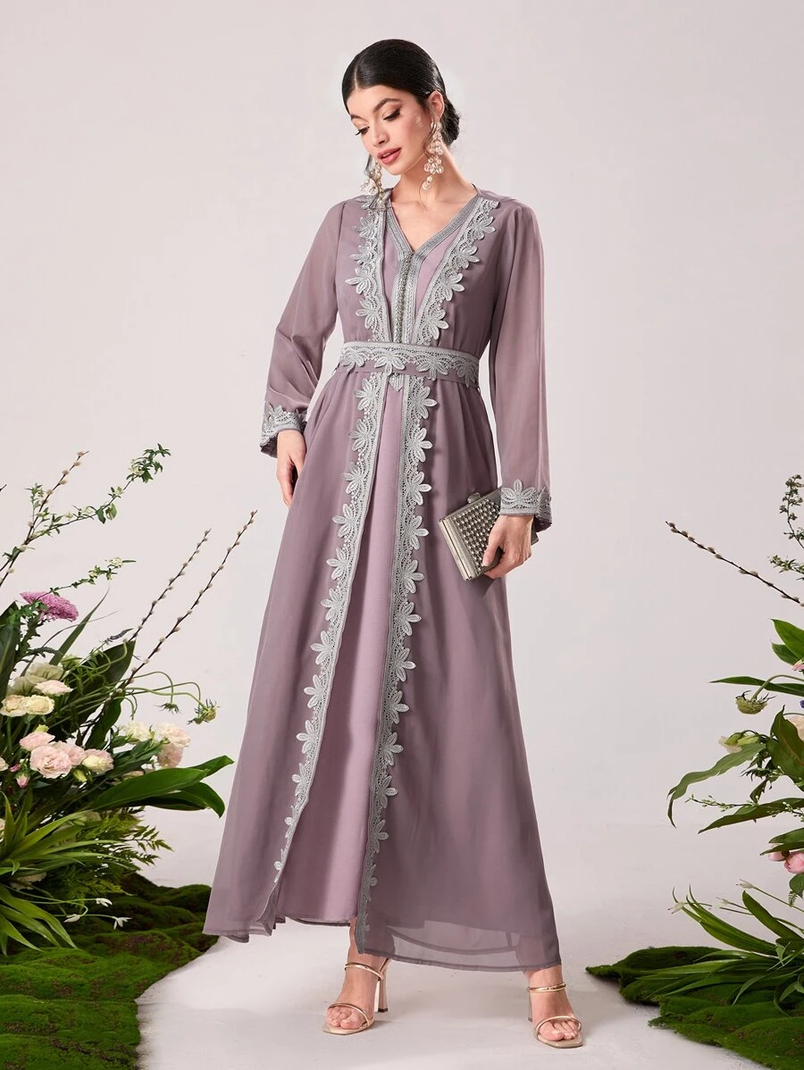Al Najma Floral Applique Belted Modest Robe Abaya Set - Dusty Purple - View 1