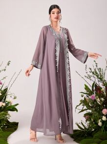 Al Najma Floral Applique Belted Modest Robe Abaya Set - Dusty Purple - View 4