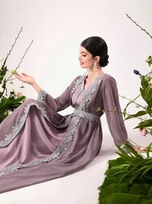 Al Najma Floral Applique Belted Modest Robe Abaya Set - Dusty Purple - View 5