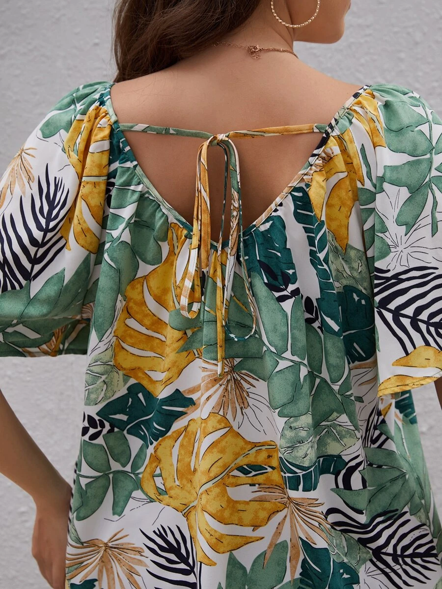 SHEIN VCAY Plus Size Boho Tropical Print Tie Back Blouse, For Summer - Multicolor - View 1