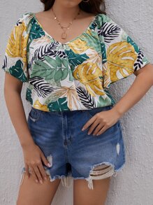 SHEIN VCAY Plus Size Boho Tropical Print Tie Back Blouse, For Summer - Multicolor - View 2