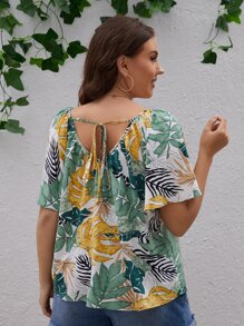SHEIN VCAY Plus Size Boho Tropical Print Tie Back Blouse, For Summer - Multicolor - View 3