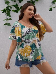 SHEIN VCAY Plus Size Boho Tropical Print Tie Back Blouse, For Summer - Multicolor - View 4