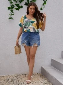 SHEIN VCAY Plus Size Boho Tropical Print Tie Back Blouse, For Summer - Multicolor - View 5