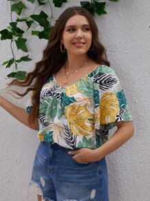 SHEIN VCAY Plus Size Boho Tropical Print Tie Back Blouse, For Summer - Multicolor - View 6