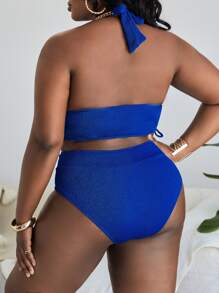 SHEIN Swim Curve Bộ bikini dây rút bên hông cỡ lớn đi biển mùa hè - Xanh đậm - Xem 2