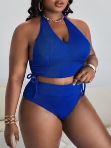 SHEIN Swim Curve Bộ bikini dây rút bên hông cỡ lớn đi biển mùa hè - Xanh đậm - Xem 3