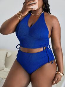 SHEIN Swim Curve Bộ bikini dây rút bên hông cỡ lớn đi biển mùa hè - Xanh đậm - Xem 4