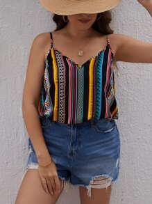 SHEIN VCAY 大碼條紋和幾何圖案吊帶上衣 - 彩色 - 查看 1
