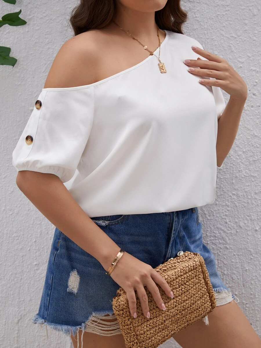 SHEIN VCAY 大碼不對稱領紐扣細節泡泡袖襯衫 - 白色 - 查看 1