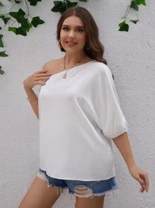 SHEIN VCAY 大碼不對稱領紐扣細節泡泡袖襯衫 - 白色 - 查看 3