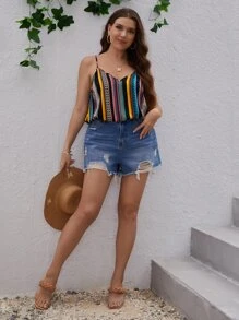 SHEIN VCAY 大碼條紋和幾何圖案吊帶上衣 - 彩色 - 查看 5