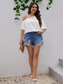 SHEIN VCAY 大碼不對稱領紐扣細節泡泡袖襯衫 - 白色 - 查看 4