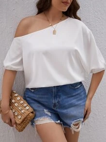 SHEIN VCAY 大碼不對稱領紐扣細節泡泡袖襯衫 - 白色 - 查看 6