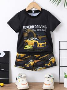 SHEIN Young Boy Alphabet Car & Bulldozer Design Casual Street Cool Regular Tay áo cổ tròn Bộ hai mảnh cho mùa hè - Nhiều màu - Xem 1