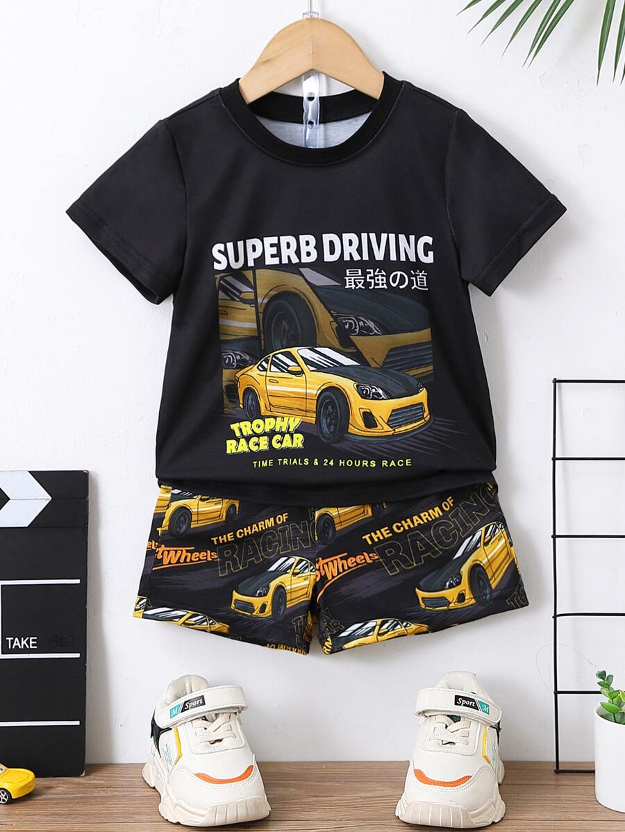 SHEIN Young Boy Alphabet Car & Bulldozer Design Casual Street Cool Regular Tay áo cổ tròn Bộ hai mảnh cho mùa hè - Nhiều màu - Xem 1