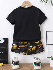 SHEIN Young Boy Alphabet Car & Bulldozer Design Casual Street Cool Regular Tay áo cổ tròn Bộ hai mảnh cho mùa hè - Nhiều màu - Xem 2