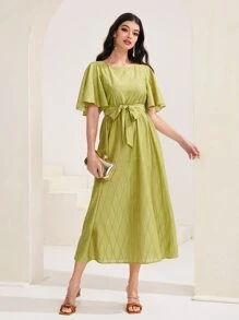 Modelyn 素色腰帶A字洋裝 - 青檸色 - 查看 1