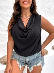 Celure Plus Draped Collar Sleeveless Blouse - Black - View 3