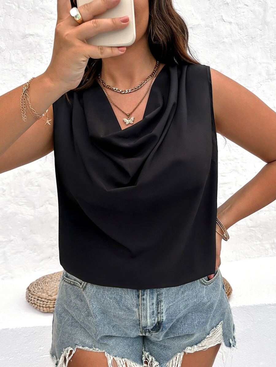 Celure Plus Draped Collar Sleeveless Blouse - Black - View 1