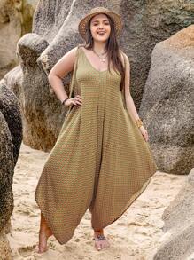 Rusttydustty Plus Allover Geo Print Asymmetrical Hem Jumpsuit - Brown - View 1