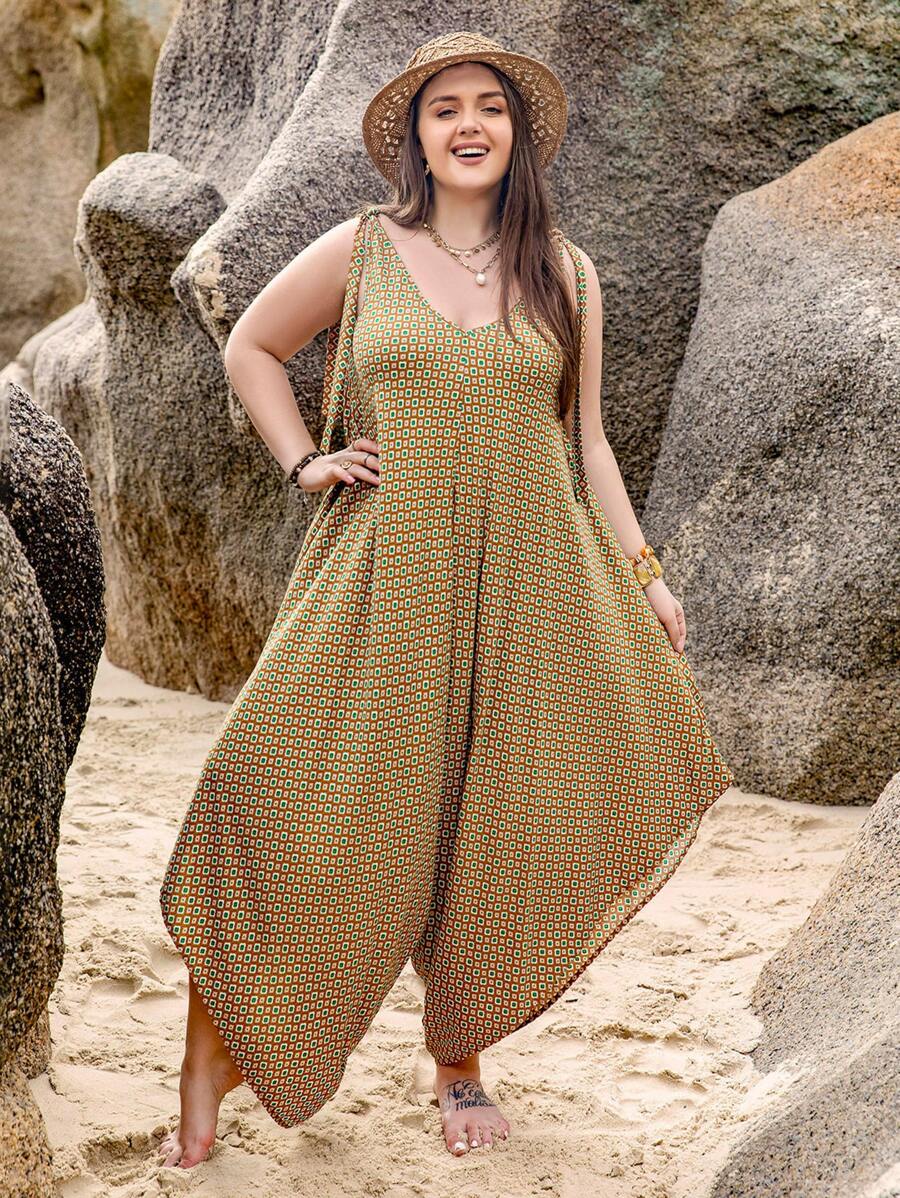 Rusttydustty Plus Allover Geo Print Asymmetrical Hem Jumpsuit - Brown - View 1