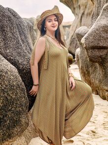 Rusttydustty Plus Allover Geo Print Asymmetrical Hem Jumpsuit - Brown - View 4